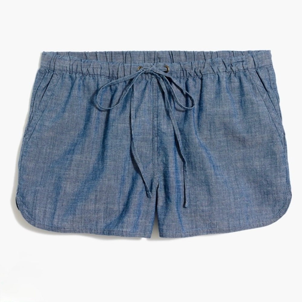 J Crew Pull On Elastic Waist Drawstring Chambray Cotton Shorts Blue Size Large